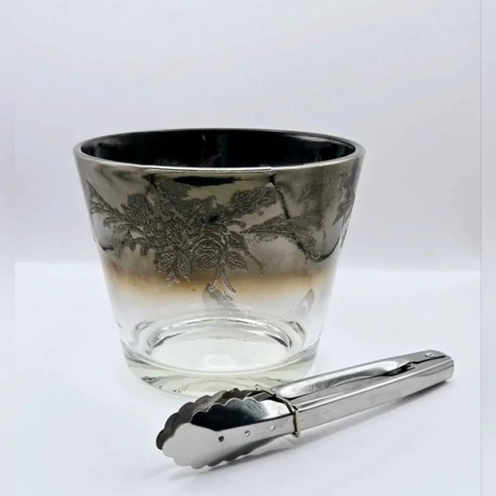 Mid Century Glass Ice Bucket With Silver Rim that Ombre Fades & Silver
